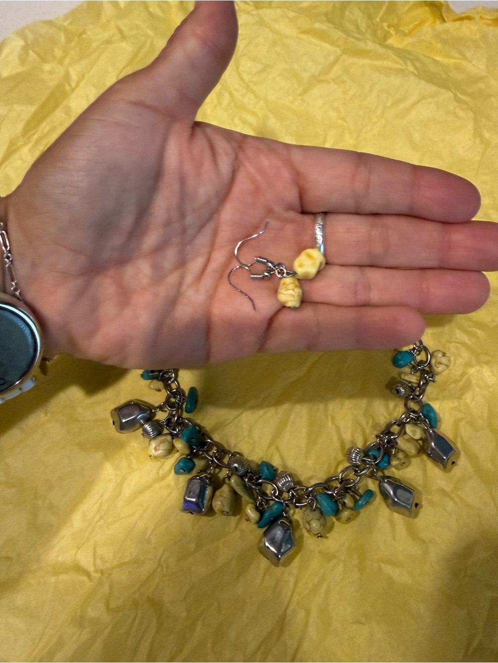 Premier Designs Turquoise and Yellow Charm Necklace with Earrings & bracelet